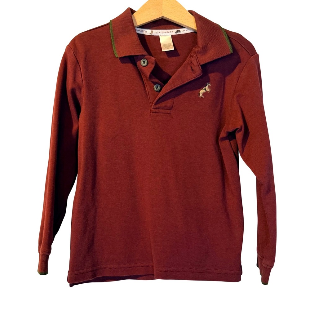 Janie and Jack Boys Long Sleeve Polo Shirt Horse Embroidery Burgundy 4T Preppy
